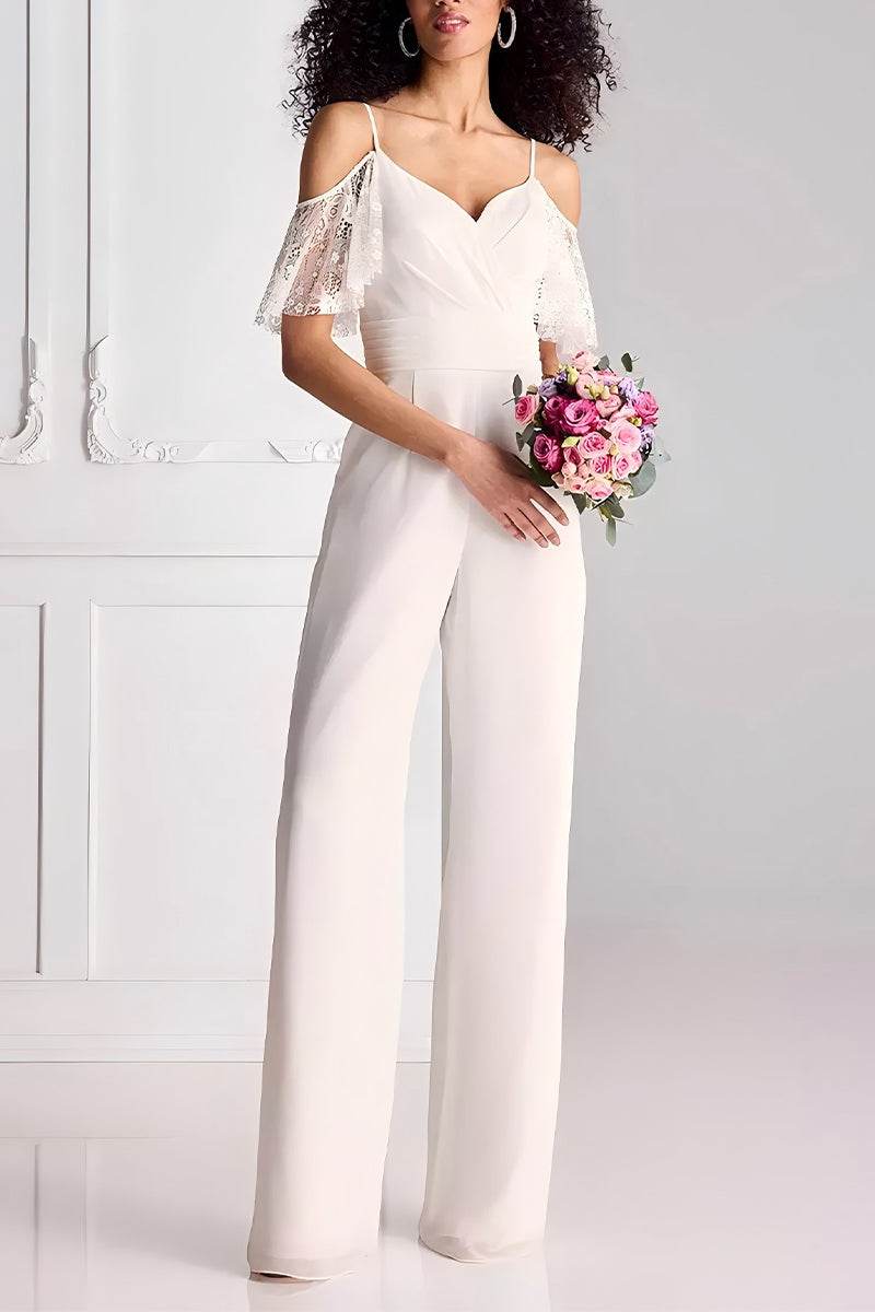 V-Neck Floor Length Lace Chiffon Wedding Jumpsuit CW3578 - COCOMELODY